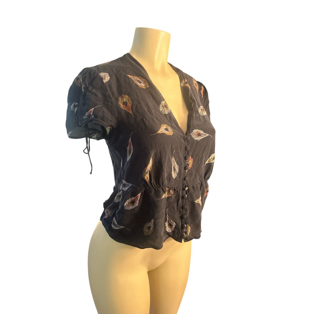 Women 6 Madewell 100% Silk Belle Black Button Feather Print Blouse Shirt Top